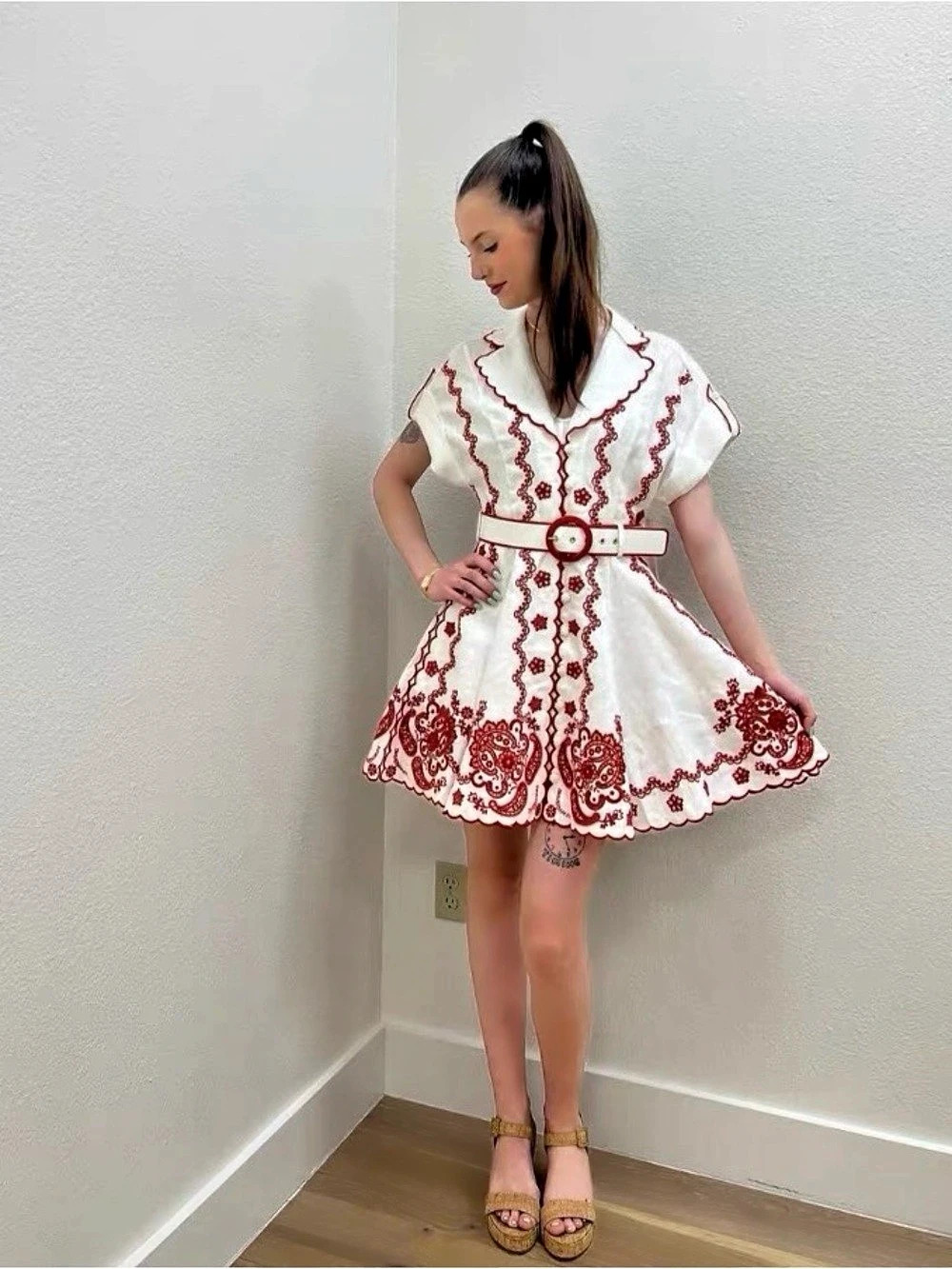 Zimmermann Poppy Embroidered Linen Mini Dress White & Red Size 0